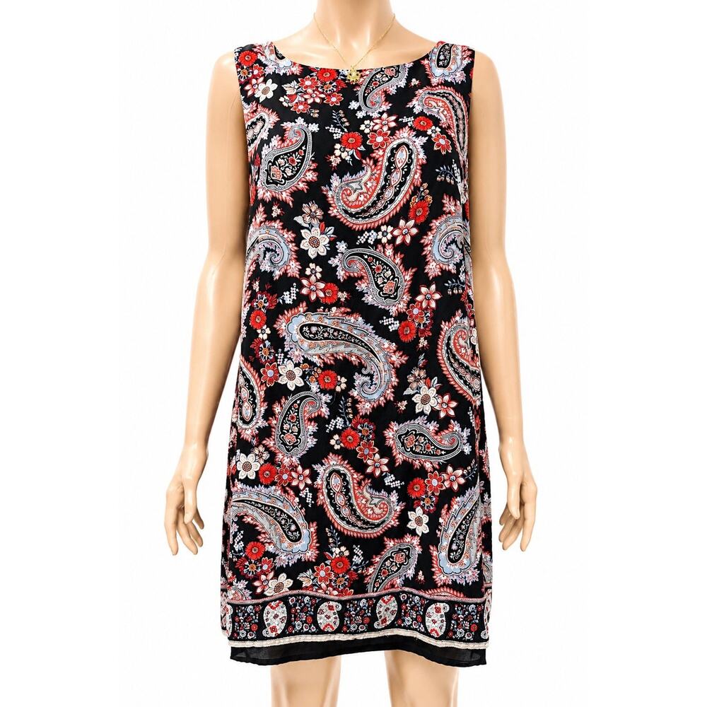 J. Jill Medium Paisley Floral Sleeveless Tunic Top Boho Black